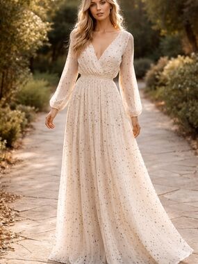 NWT Adrienne Cream Star Print Maxi Dress S L/S Elastic Waist Cottagecore Whimsyg